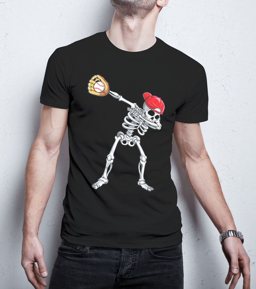 Dabbing Skeleton Baseball Halloween Boys Red Hat T-Shirt