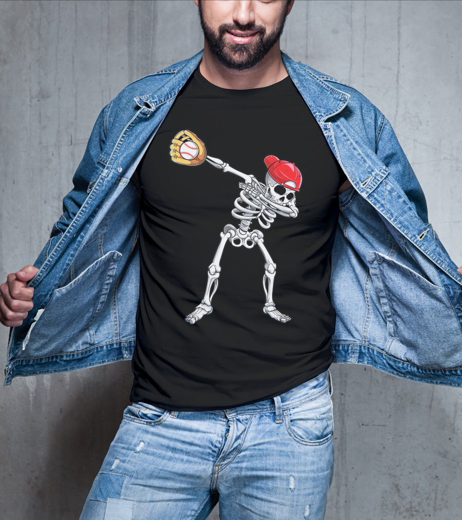 Dabbing Skeleton Baseball Halloween Boys Red Hat T-Shirt