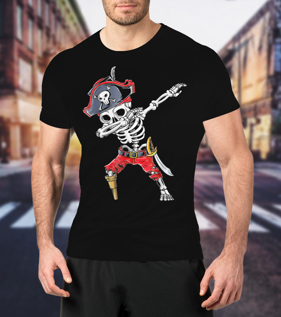 Dabbing Skeleton Pirate Kids Halloween Jolly Roger T-Shirt