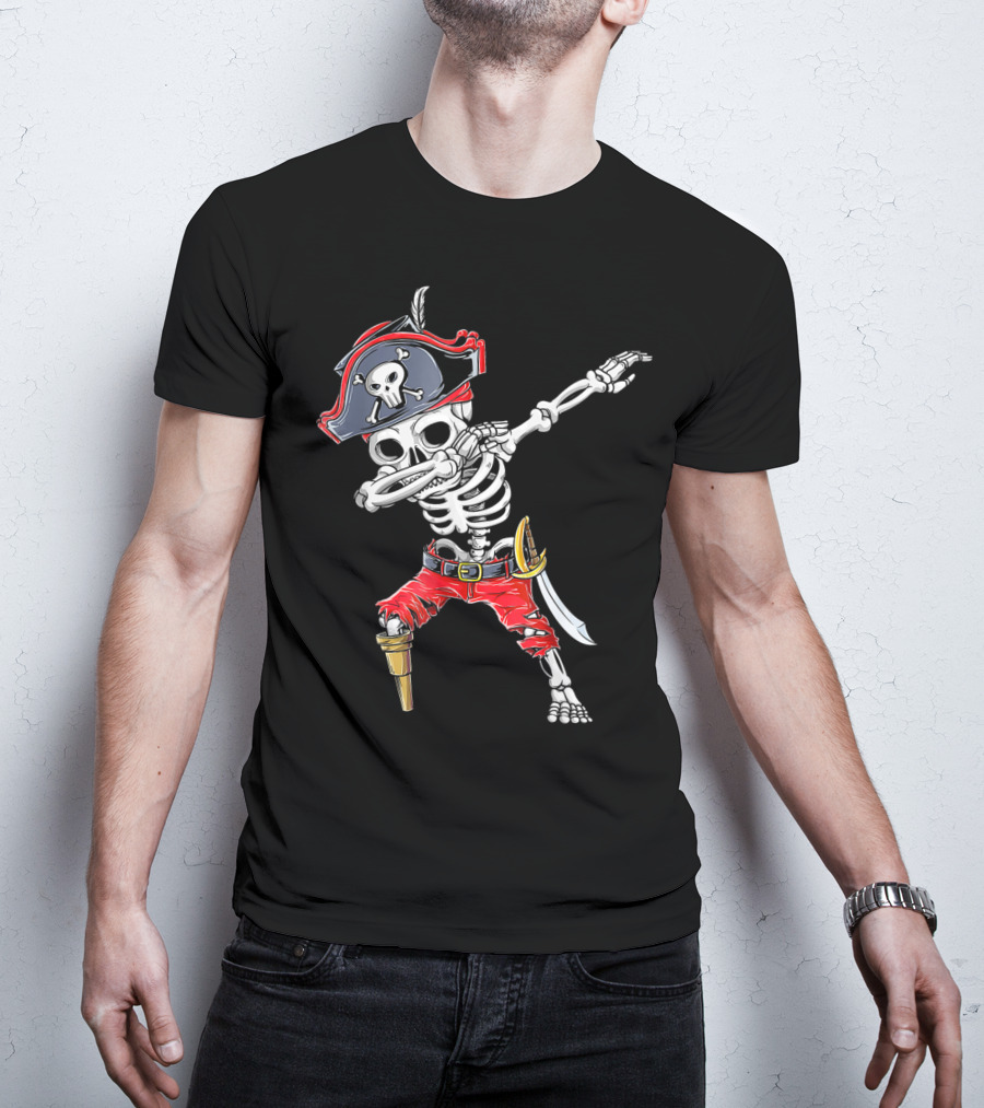 Dabbing Skeleton Pirate Kids Halloween Jolly Roger T-Shirt