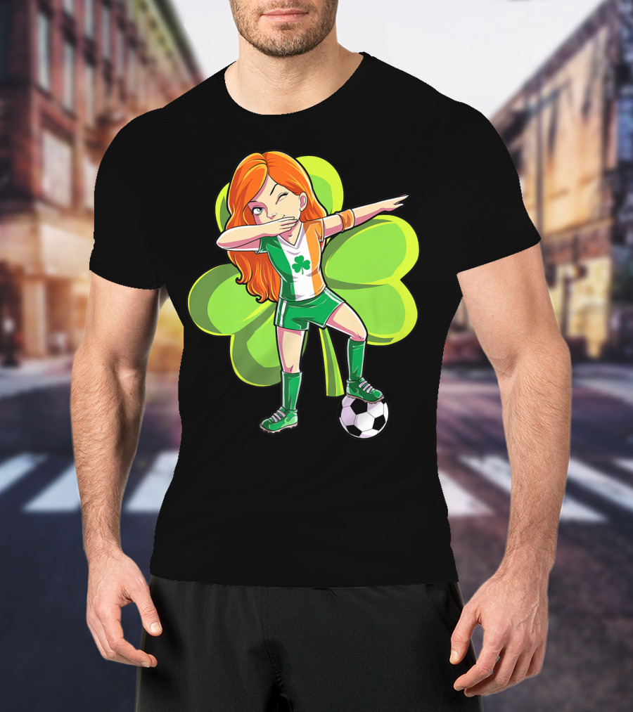 Dabbing Soccer Girl St Patricks Day Irish Shamrock T-Shirt