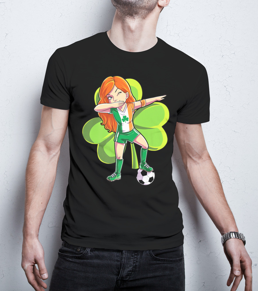 Dabbing Soccer Girl St Patricks Day Irish Shamrock T-Shirt
