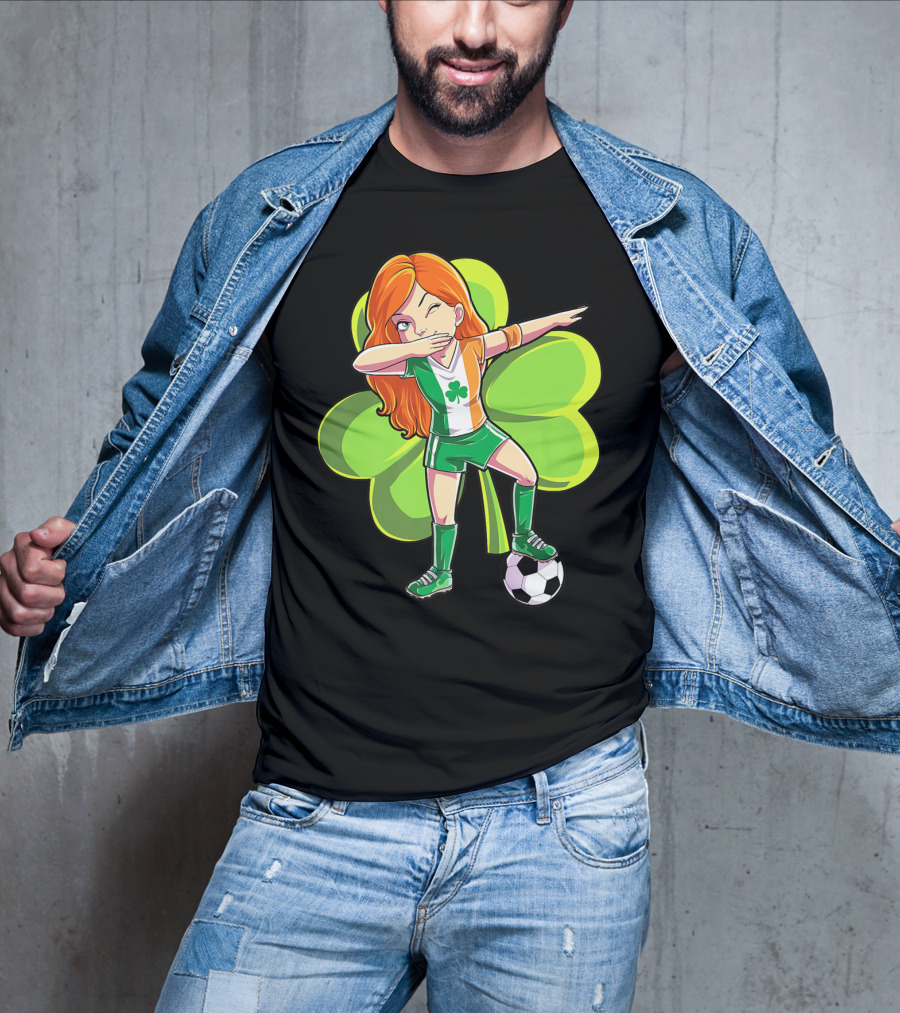 Dabbing Soccer Girl St Patricks Day Irish Shamrock T-Shirt