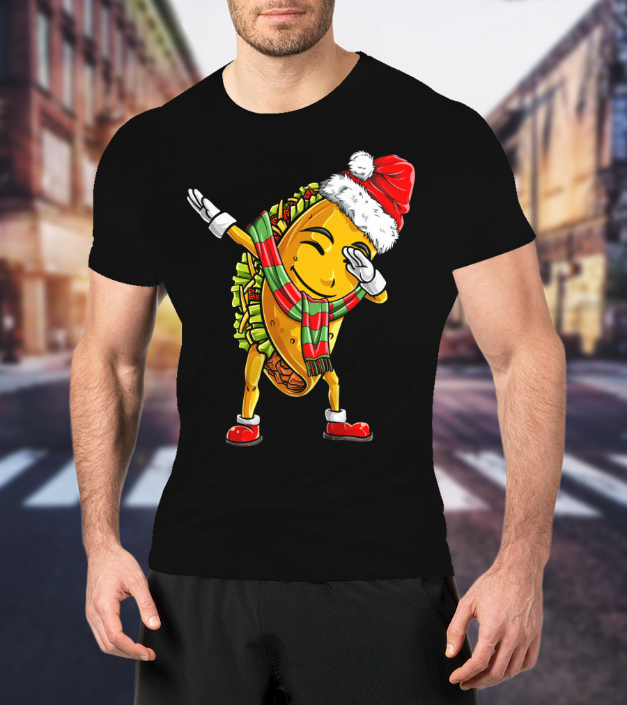 Dabbing Santa Taco With Christmas Hat And Scarf T-Shirt