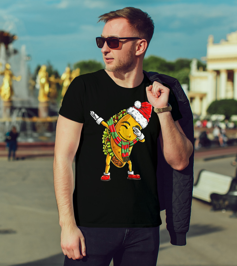 Dabbing Santa Taco With Christmas Hat And Scarf T-Shirt