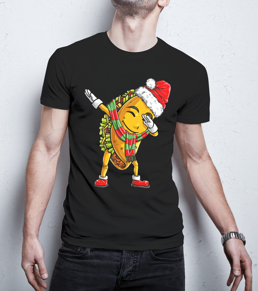 Dabbing Santa Taco With Christmas Hat And Scarf T-Shirt
