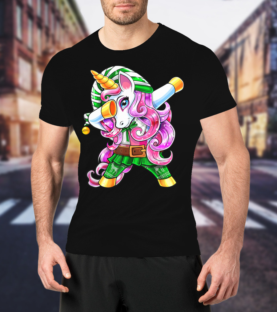 Dabbing Unicorn Christmas Elf Costume Unicorn Girls Pink Hair Green T-Shirt