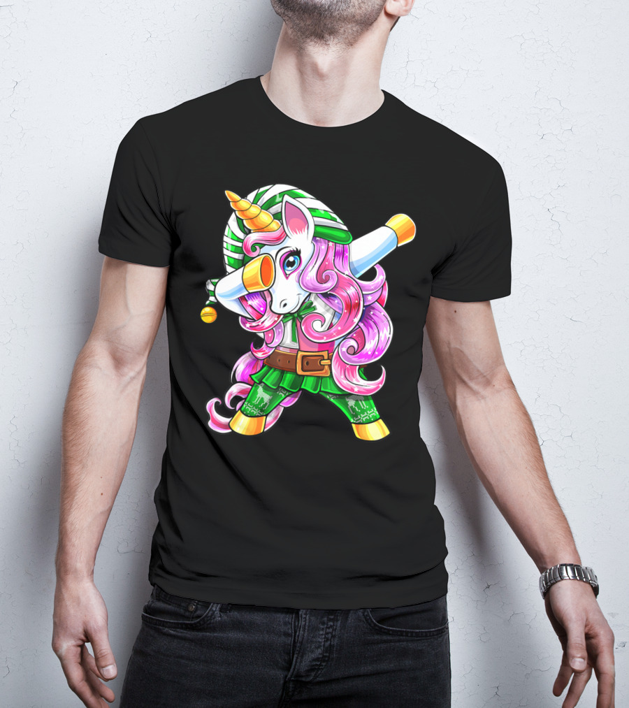 Dabbing Unicorn Christmas Elf Costume Unicorn Girls Pink Hair Green T-Shirt