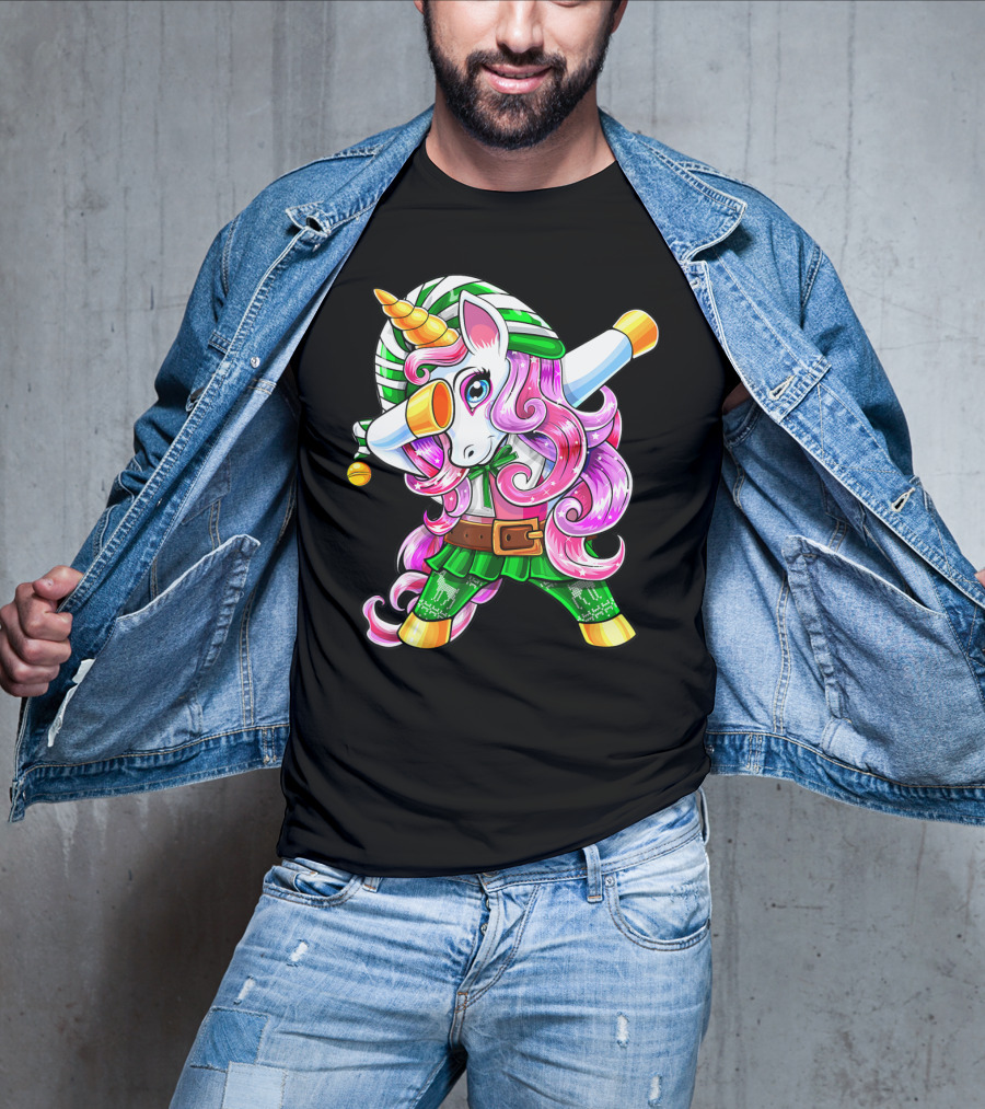 Dabbing Unicorn Christmas Elf Costume Unicorn Girls Pink Hair Green T-Shirt