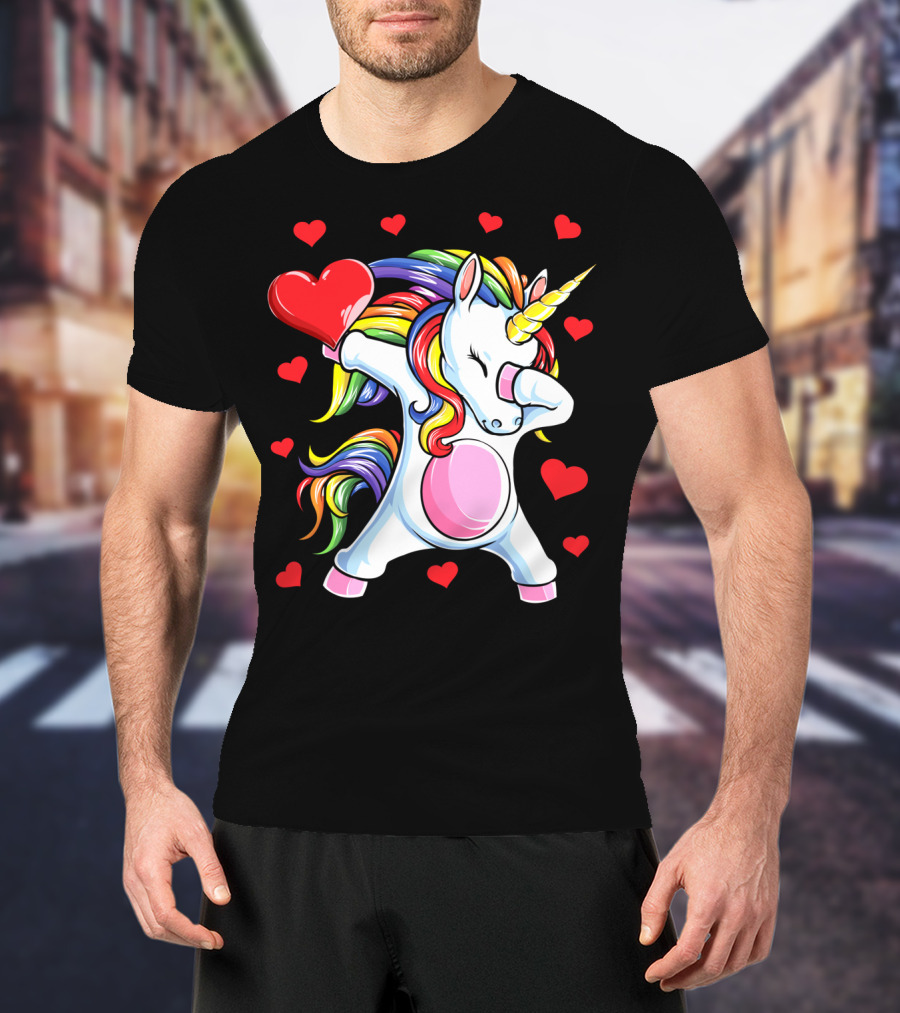 Valentines Day Dabbing Unicorn With Heart And Rainbow Mane T-Shirt