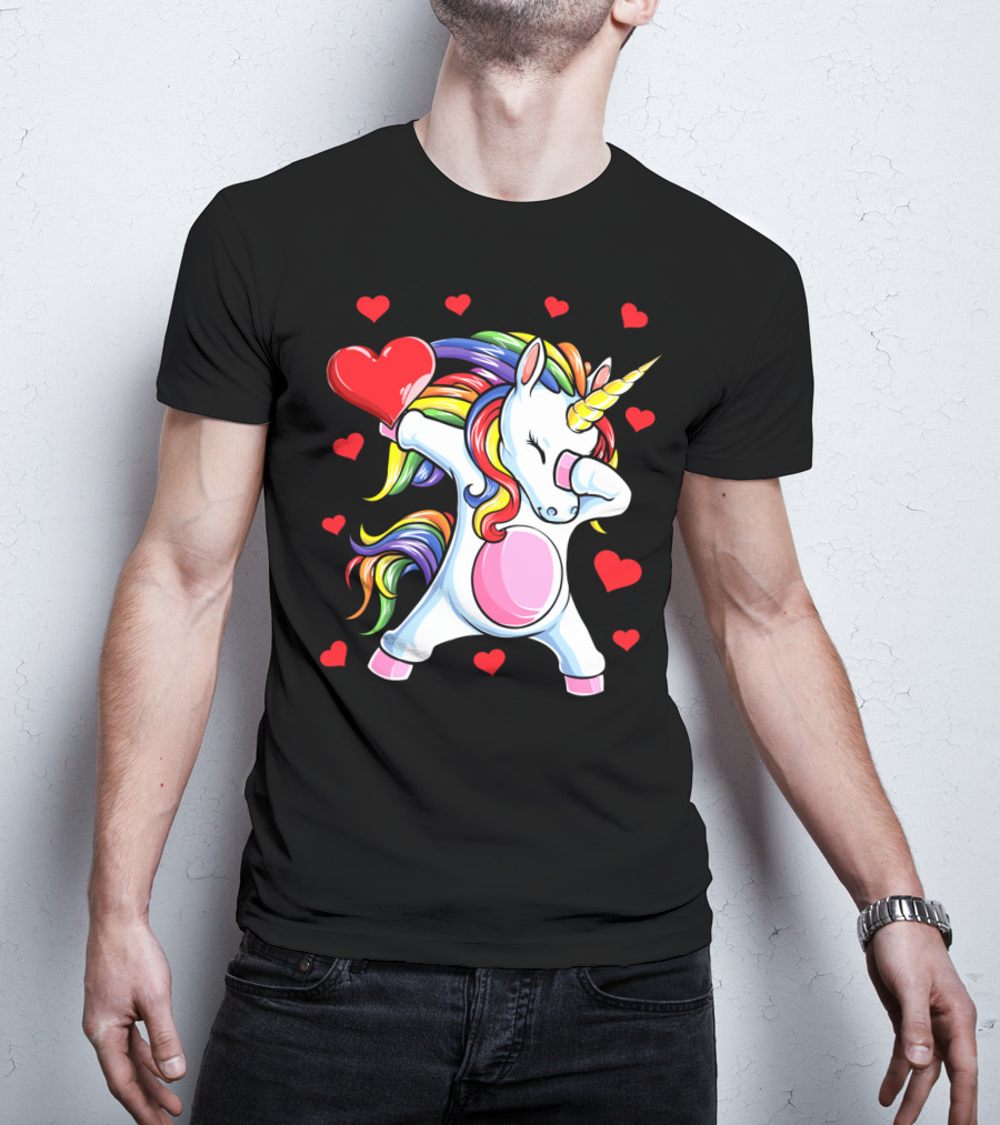 Valentines Day Dabbing Unicorn With Heart And Rainbow Mane T-Shirt