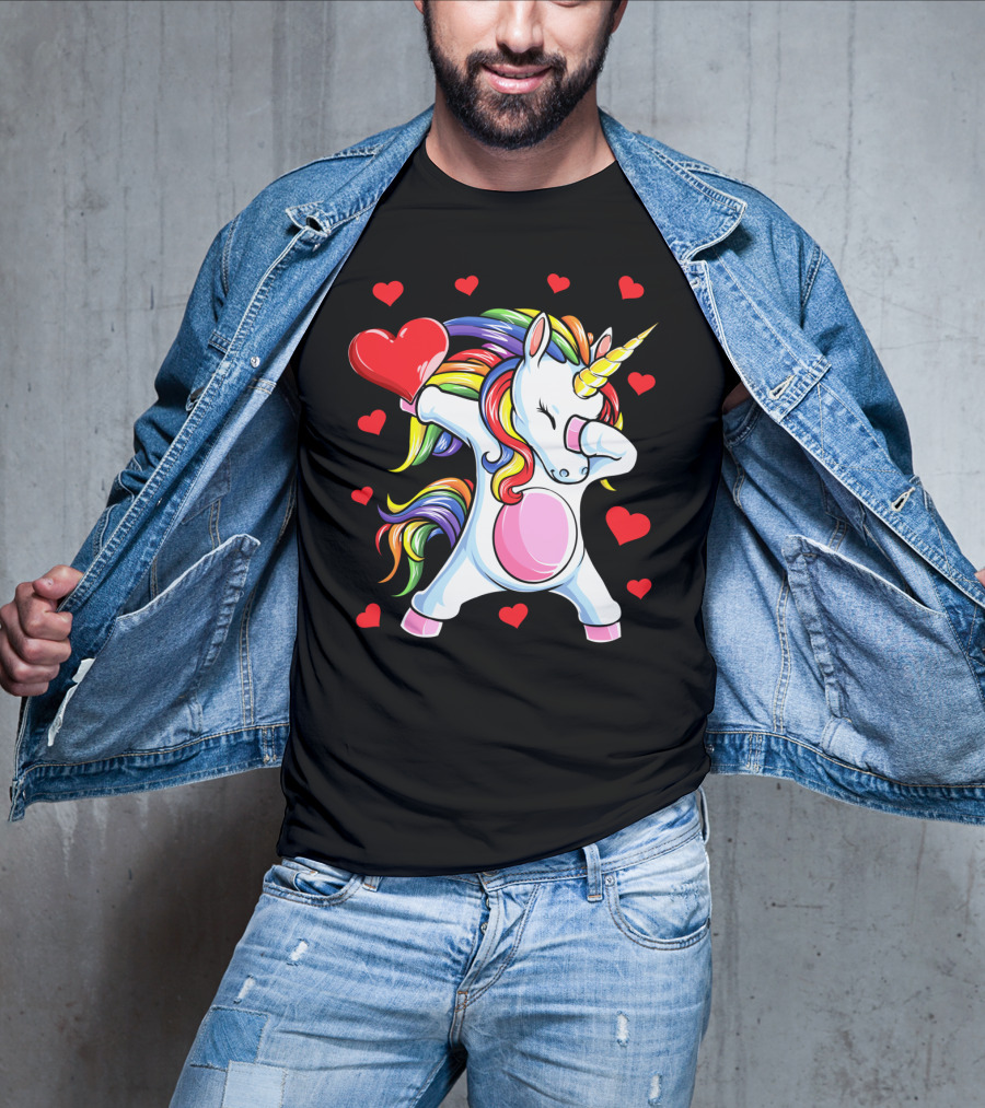 Valentines Day Dabbing Unicorn With Heart And Rainbow Mane T-Shirt