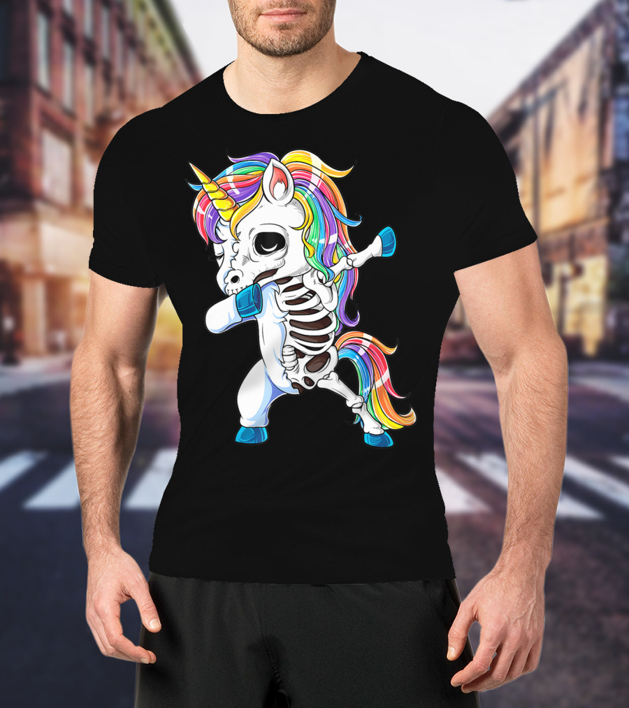 Dabbing Unicorn Skeleton Halloween Girls Dab Rainbow T-Shirt