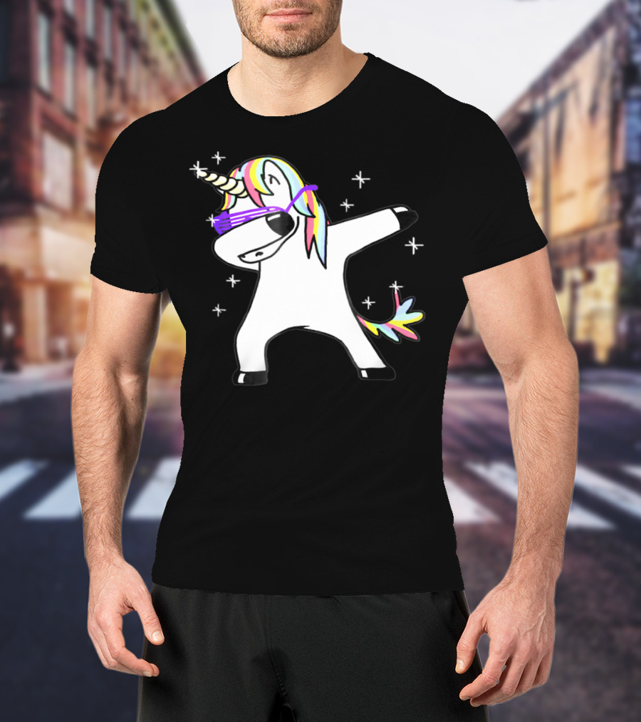 Dabbing Rainbow Unicorn With Sunglasses And Stars T-Shirt
