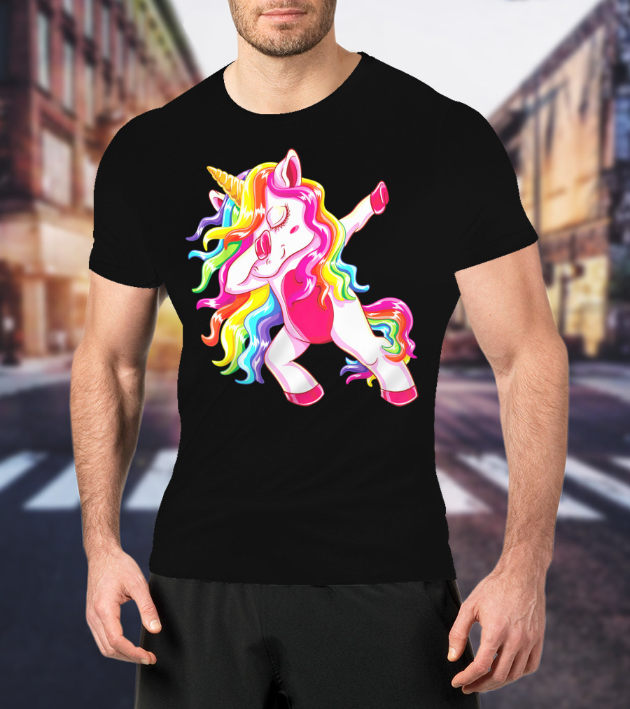 Dabbing Rainbow Unicorn With Long Hair Dab Dance T-Shirt