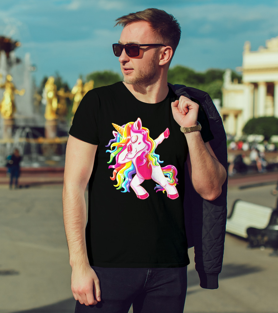 Dabbing Rainbow Unicorn With Long Hair Dab Dance T-Shirt