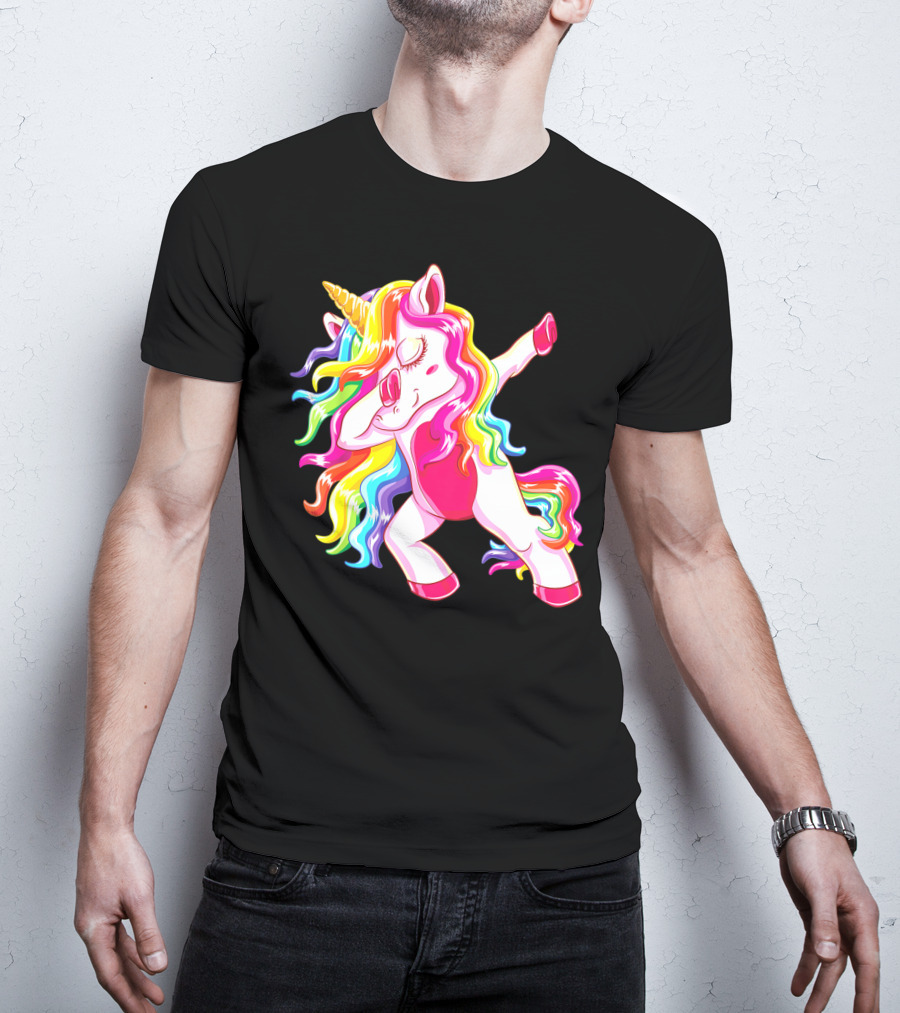 Dabbing Rainbow Unicorn With Long Hair Dab Dance T-Shirt