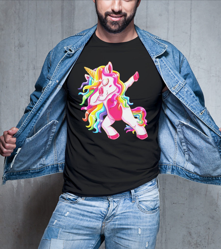 Dabbing Rainbow Unicorn With Long Hair Dab Dance T-Shirt