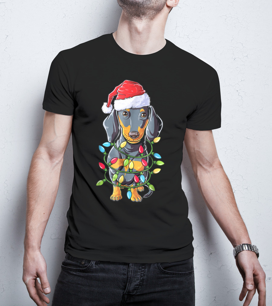 Dachshund Christmas Dog Wrapped In Santa Hat And Xmas Tree Lights T-Shirt