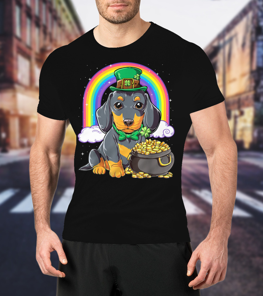 Dachshund St Patricks Day Leprechaun Rainbow Pot Of Gold T-Shirt
