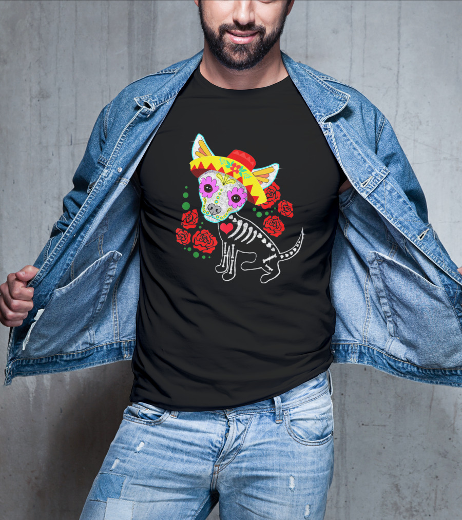 Day Of The Dead Chihuahua Skeleton Sombrero Roses T-Shirt