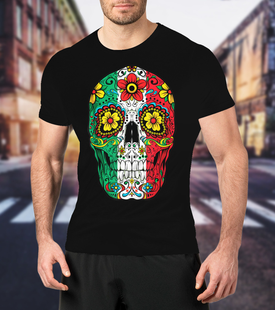 Day Of The Dead Sugar Skull Mexican Flag Flowers Colorful T-Shirt