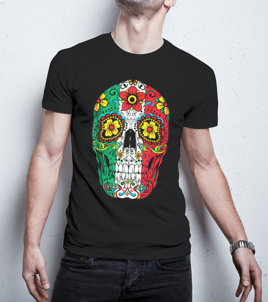 Day Of The Dead Sugar Skull Mexican Flag Flowers Colorful T-Shirt
