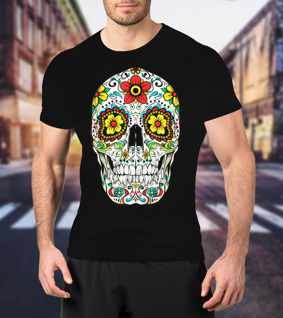 Day Of The Dead Sugar Skull Colorful Flowered Design Cinco De Mayo T-Shirt