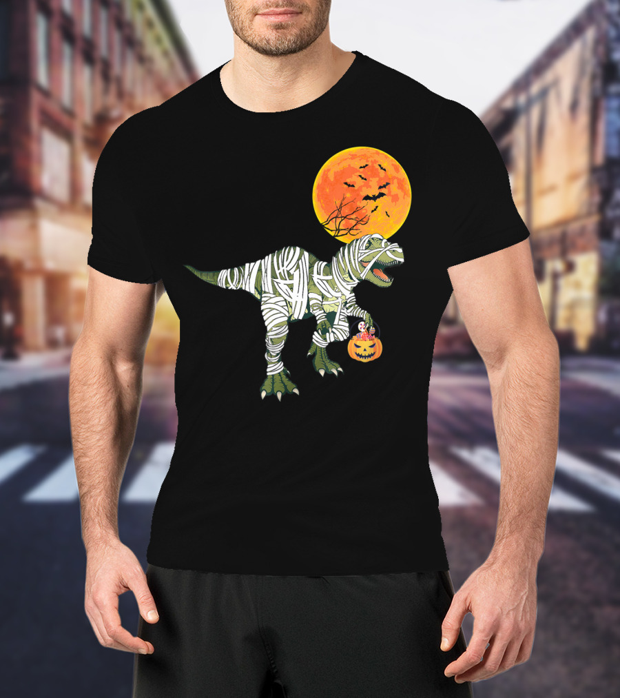 Dinosaur Halloween Mummy With Pumpkin And Full Moon Background T-Shirt