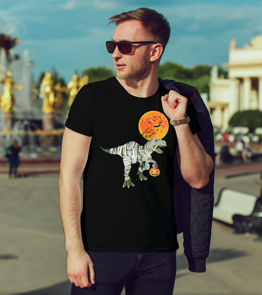 Dinosaur Halloween Mummy With Pumpkin And Full Moon Background T-Shirt