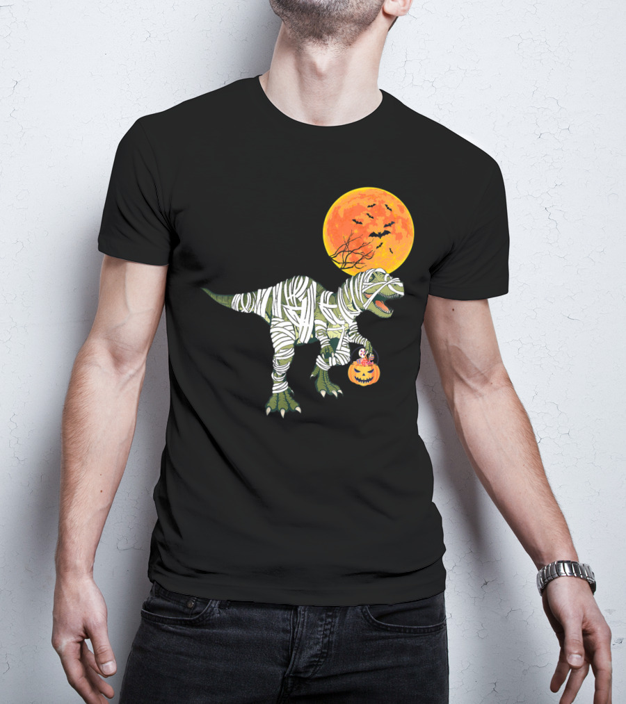 Dinosaur Halloween Mummy With Pumpkin And Full Moon Background T-Shirt