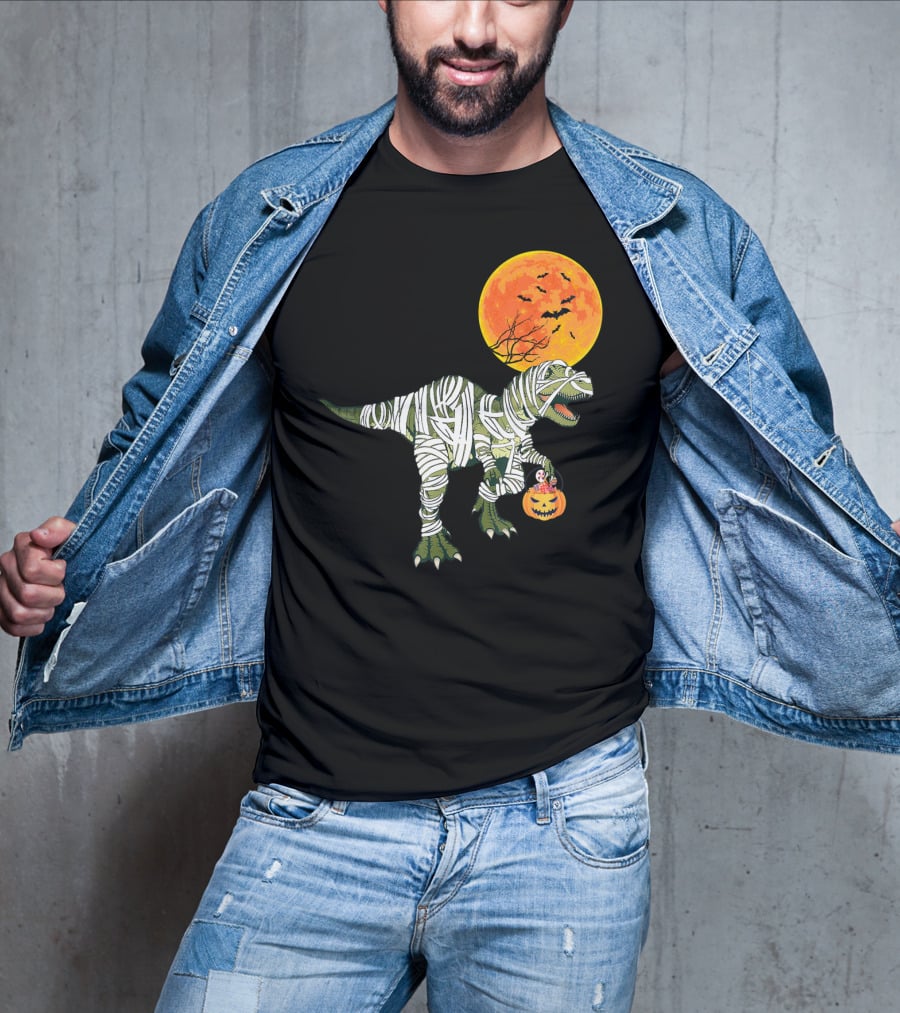 Dinosaur Halloween Mummy With Pumpkin And Full Moon Background T-Shirt
