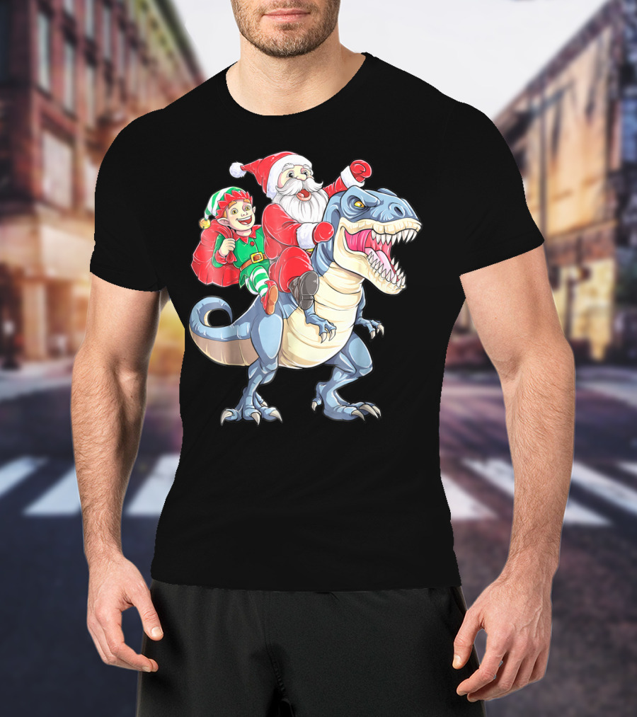 Dinosaur Christmas Santa And Elf Riding T-Rex T-Shirt