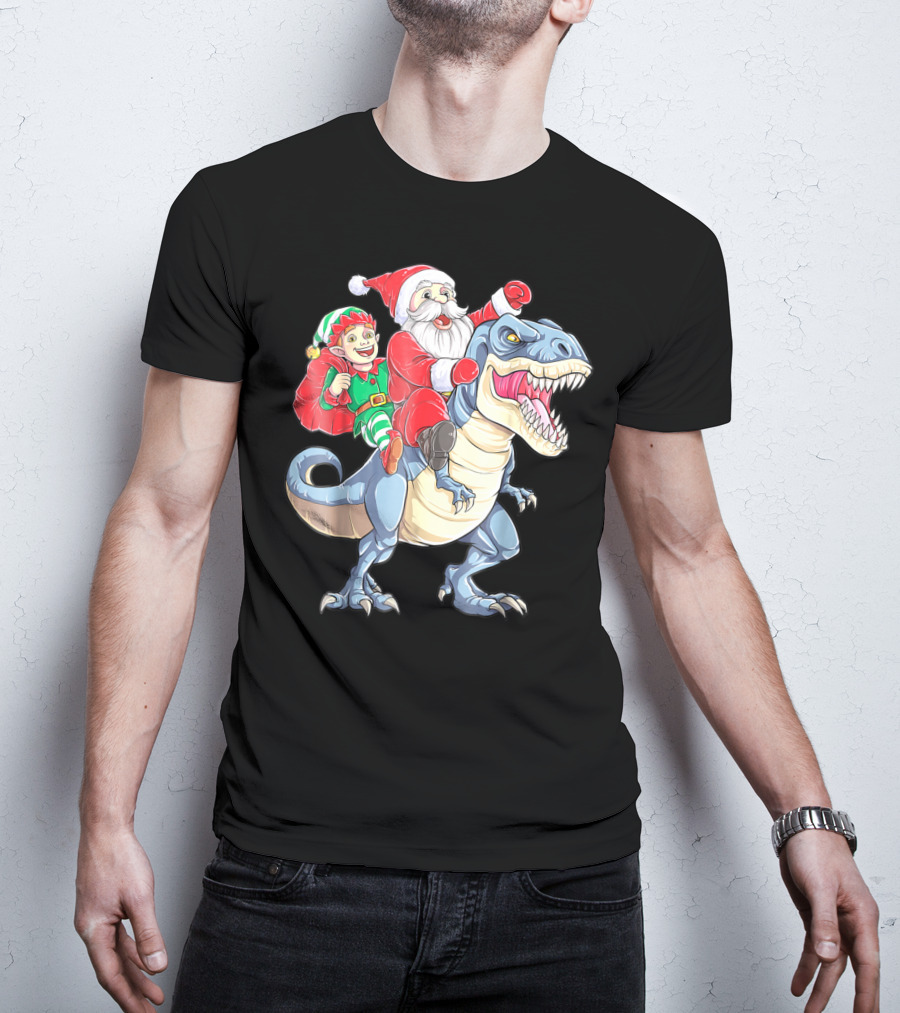 Dinosaur Christmas Santa And Elf Riding T-Rex T-Shirt