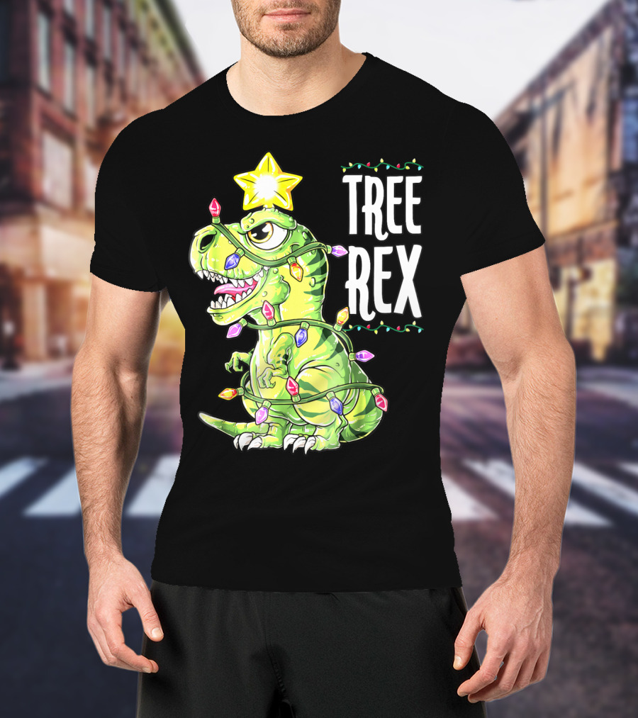Tree Rex Dinosaur Christmas Lights Boys T-Shirt