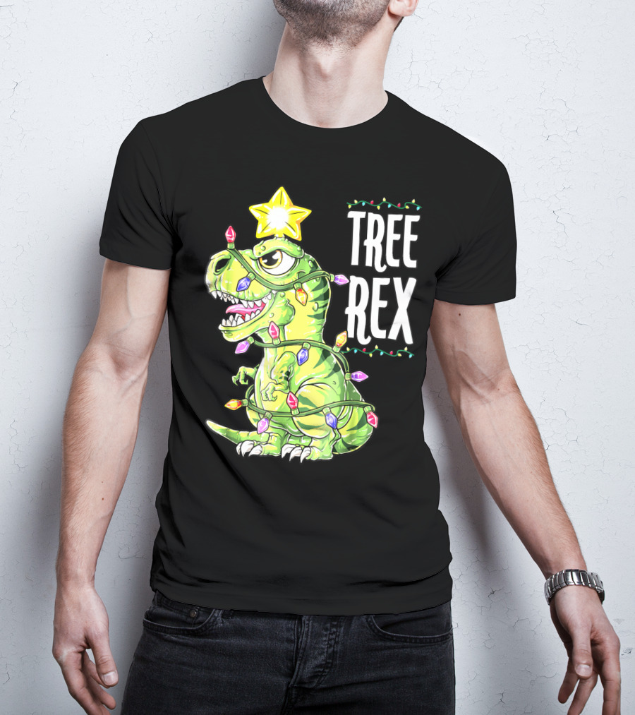 Tree Rex Dinosaur Christmas Lights Boys T-Shirt