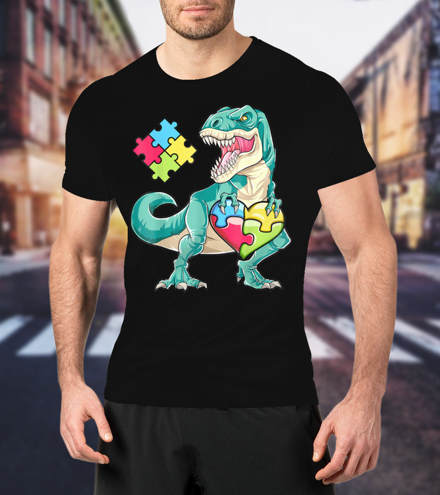 Dinosaur Holding Puzzle Heart Autism Awareness Boys T-Shirt