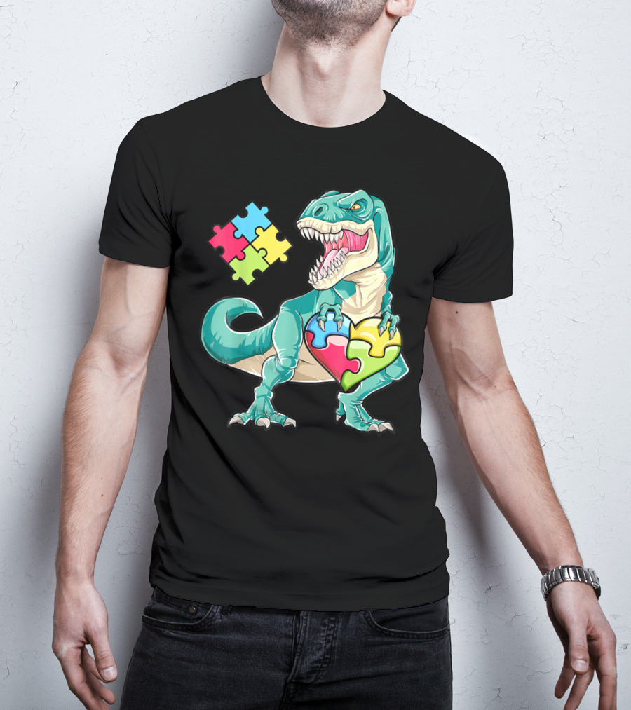 Dinosaur Holding Puzzle Heart Autism Awareness Boys T-Shirt
