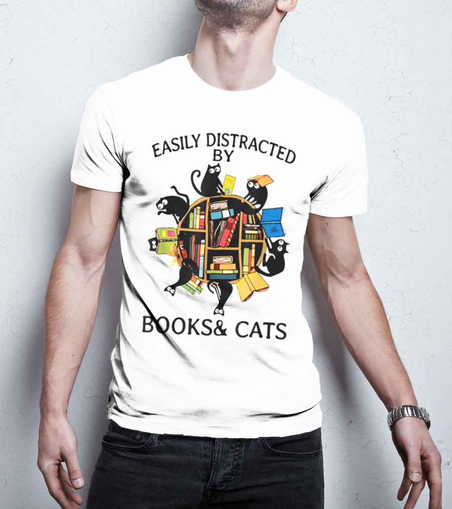 Easily Distracted By Books And Cats With Playful Shelf Cats T-Shirt
