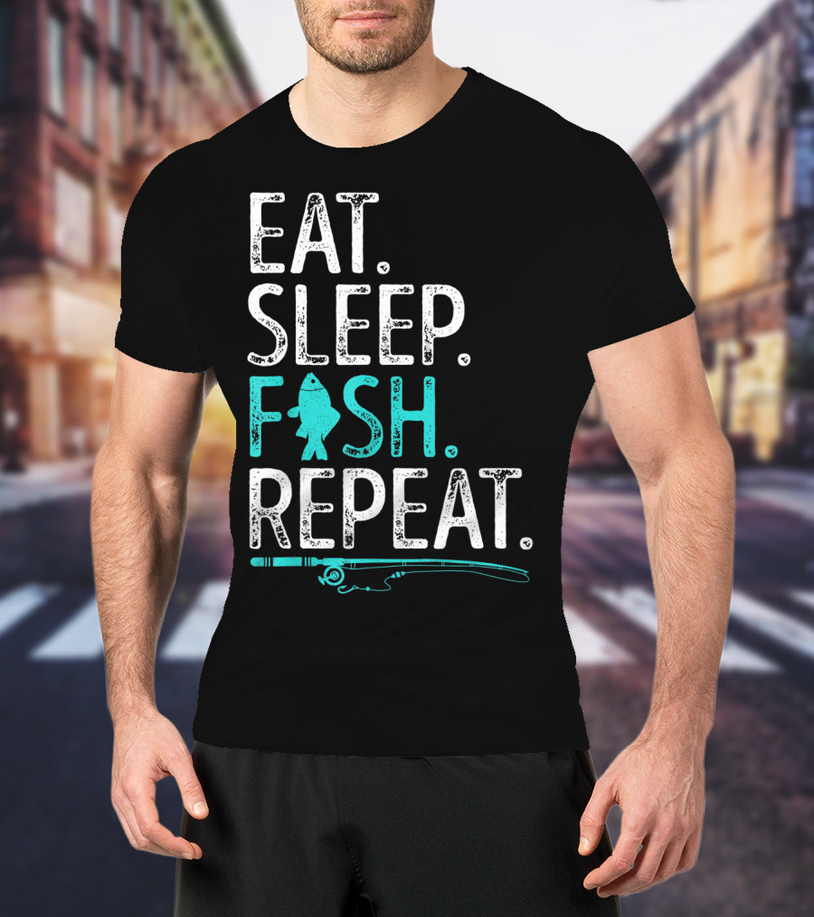 Eat Sleep Fish Repeat Kids Fishing Fishing Rod Teal Fish T-Shirt