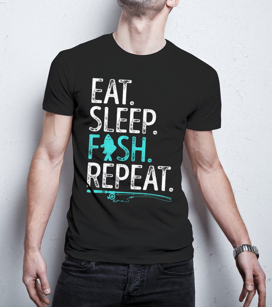Eat Sleep Fish Repeat Kids Fishing Fishing Rod Teal Fish T-Shirt