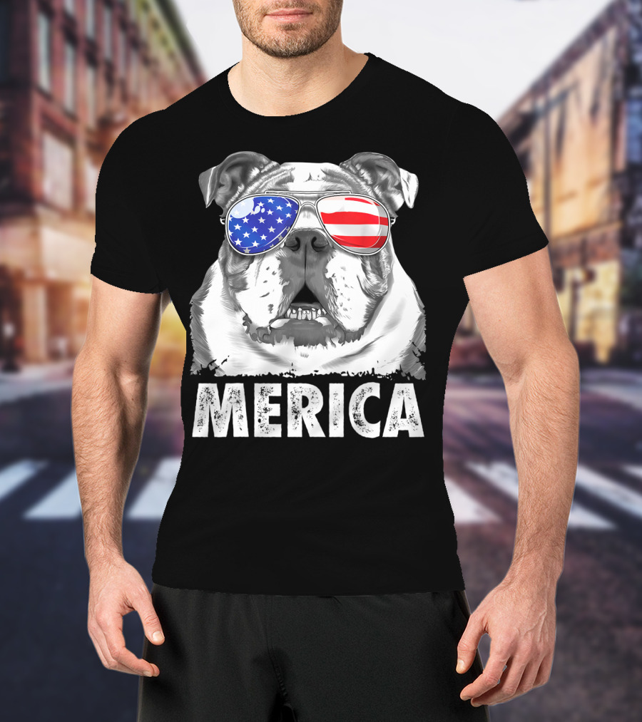 Merica English Bulldog USA Flag Sunglasses T-Shirt