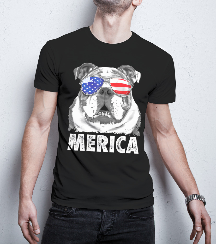 Merica English Bulldog USA Flag Sunglasses T-Shirt
