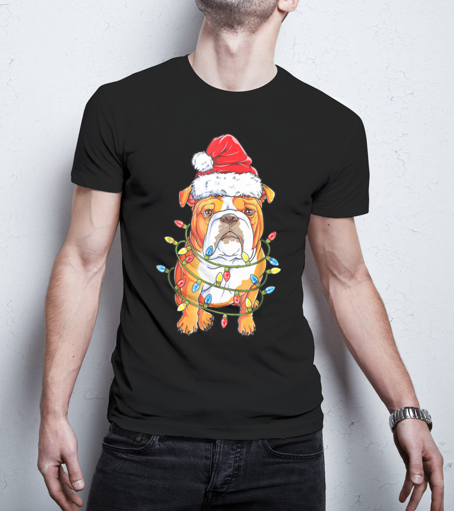 English Bulldog Santa Hat Wrapped In Christmas Lights Holiday Festive Fun T-Shirt