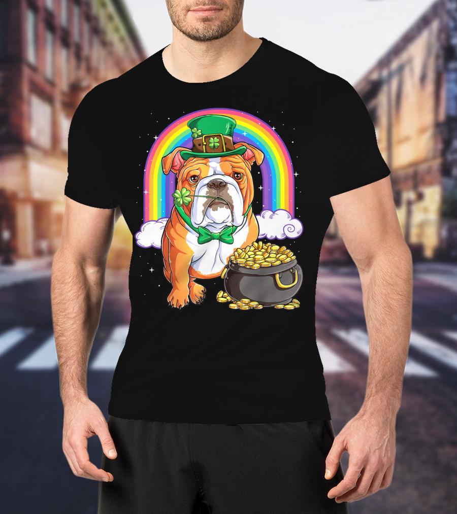 English Bulldog Leprechaun St Patricks Day Rainbow Gold Pot T-Shirt