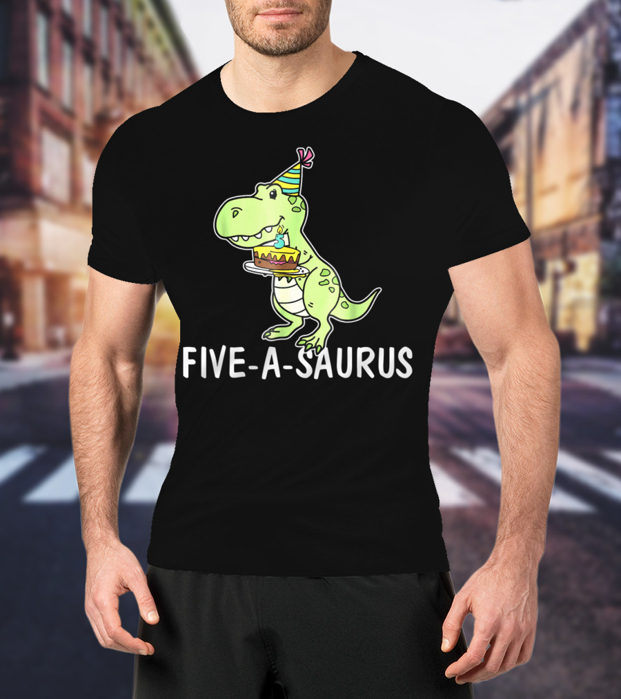 Five-A-Saurus T-Rex Birthday Cake Party Hat 5 Years Old T-Shirt