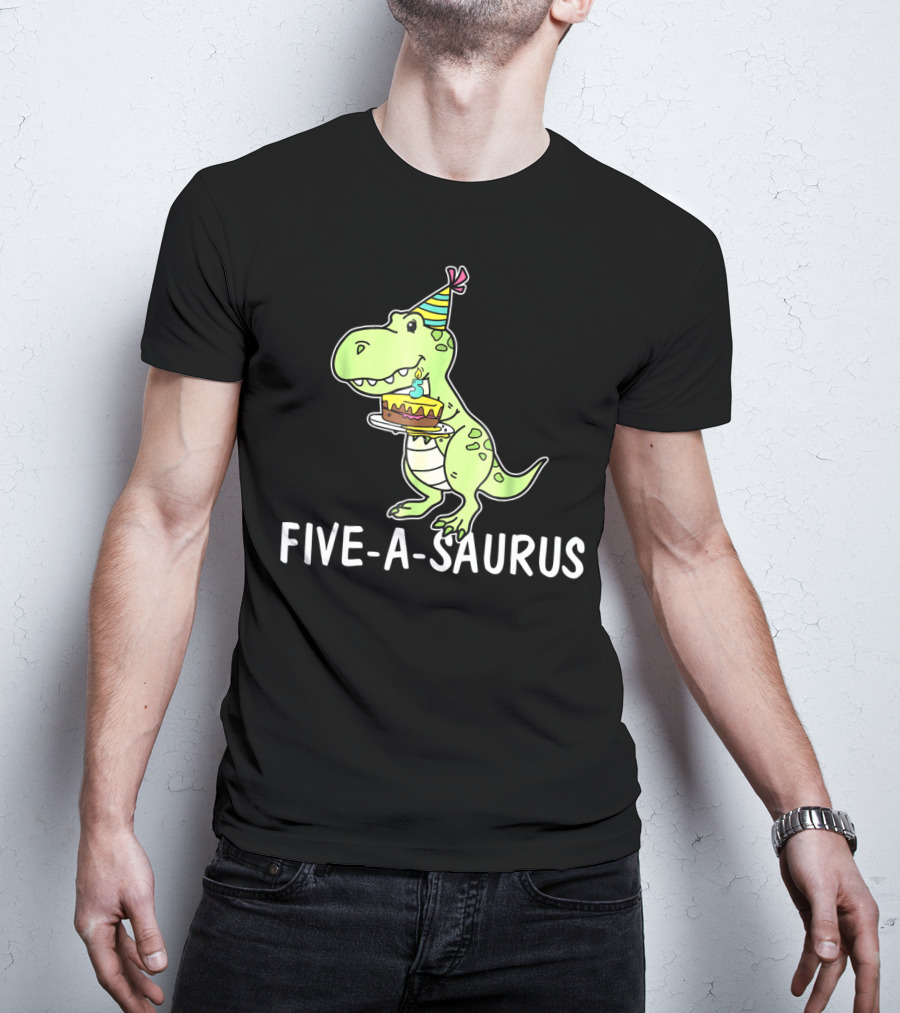 Five-A-Saurus T-Rex Birthday Cake Party Hat 5 Years Old T-Shirt