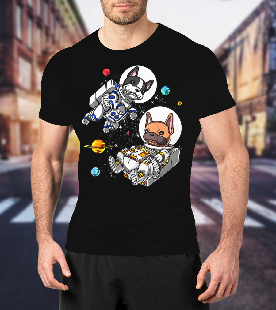 French Bulldog Astronauts In Space With Planets And Stars T-Shirt