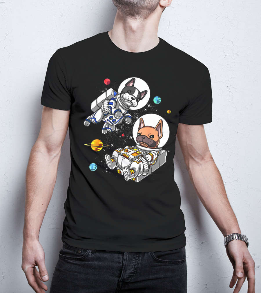 French Bulldog Astronauts In Space With Planets And Stars T-Shirt