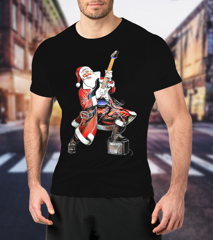 Funny Christmas Rock N Roll Santa Playing Guitar T-Shirt